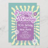 Retro Sun Wave Daisy Groovy 90. Geburtstag Einladung (Vorne/Hinten)
