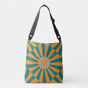 Retro-Sunbeam-Blue-Orange-Cool-Gestreiftes-Monogra Tragetaschen Mit Langen Trägern