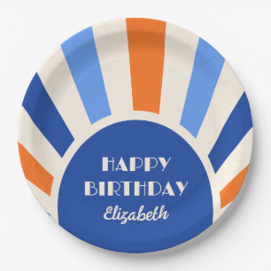 Retro Sunburst Arch Typografie Geburtstag Blau Pappteller