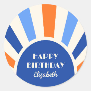 Retro Sunburst Arch Typografie Geburtstag Blau Runder Aufkleber