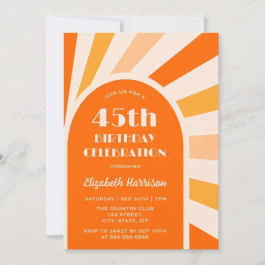 Retro Sunburst Arch Typografy Birthday Peach Einladung (Vorderseite)