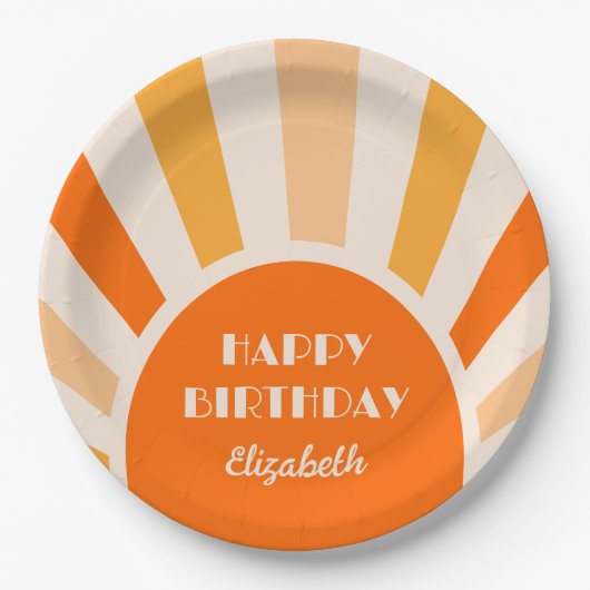 Retro Sunburst Arch Typografy Birthday Peach Pappteller (Vorderseite)