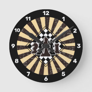 Retro Sunburst Grunge Brown & Beige Chess Board Runde Wanduhr
