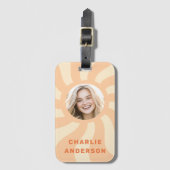 Retro sunburst Swirbeln Orangensonne Foto und Name Gepäckanhänger (Vorderseite Vertikal)