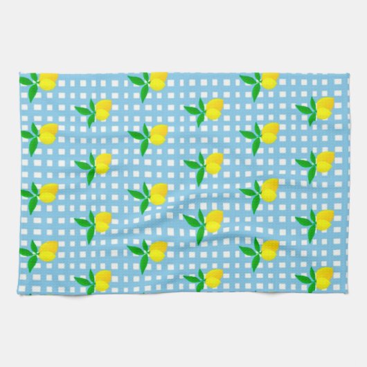 Retro Sunny Yellow Lemon Blue White Check Geschirrtuch (Horizontal)