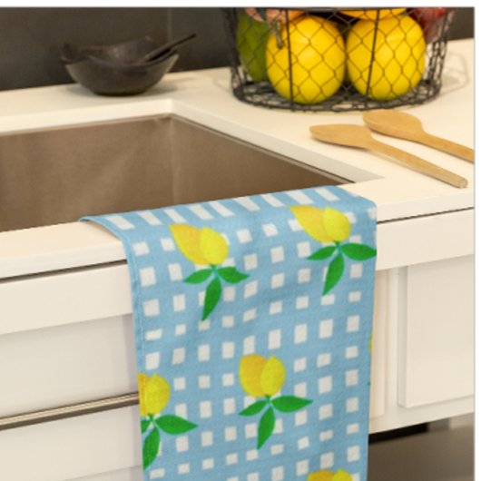 Retro Sunny Yellow Lemon Blue White Check Geschirrtuch
