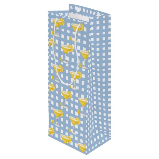 Retro Sunny Yellow Lemon Drop Blue Check Geschenktüte Für Weinflaschen (Rückseite Schrägansicht)