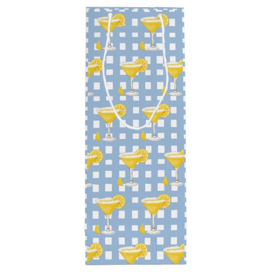 Retro Sunny Yellow Lemon Drop Blue Check Geschenktüte Für Weinflaschen (Rückseite)