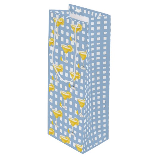 Retro Sunny Yellow Lemon Drop Blue Check Geschenktüte Für Weinflaschen (Vorderseite Schrägansicht)