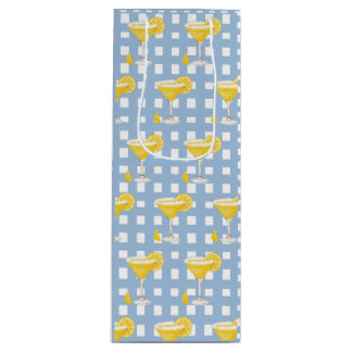 Retro Sunny Yellow Lemon Drop Blue Check Geschenktüte Für Weinflaschen