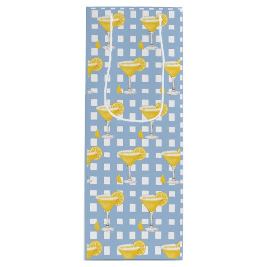 Retro Sunny Yellow Lemon Drop Blue Check Geschenktüte Für Weinflaschen (Vorderseite)