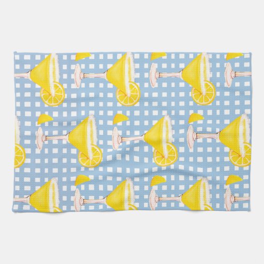 Retro Sunny Yellow Lemon Drop Blue White Karo Geschirrtuch (Horizontal)