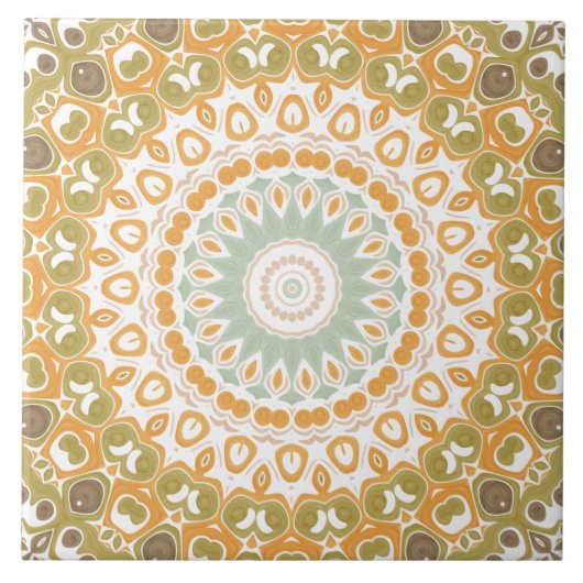 Retro Sunrise Mandala in Orange, Green und Brown Fliese (Vorderseite)