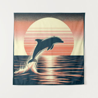 Retro Sunset Dolphin Leap Wandteppich