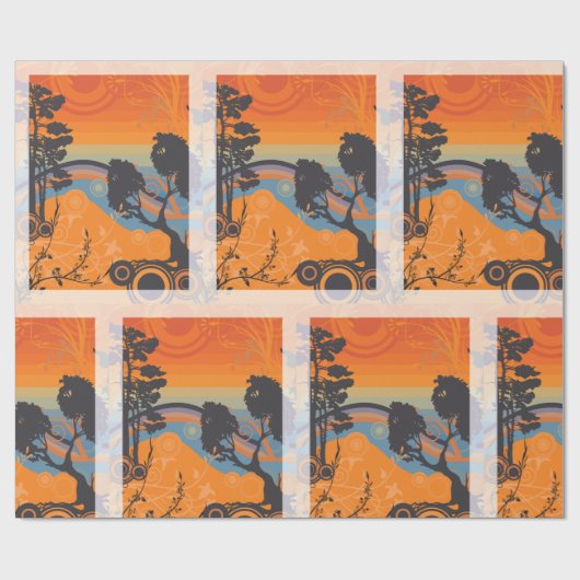 Retro Sunset Forest Landschaft Abstrakt Geschenkpapier (Flach)