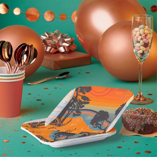 Retro Sunset Forest Landschaft Abstrakt Pappteller