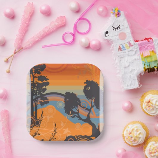 Retro Sunset Forest Landschaft Abstrakt Pappteller (Party)