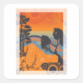 Retro Sunset Forest Landschaft Abstrakt Quadratischer Aufkleber (Vorderseite)
