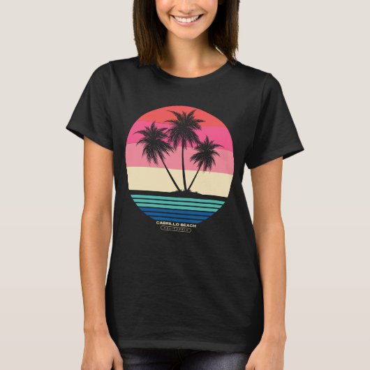 Retro Sunset Palm Trees Cabrillo Strand T-Shirt (Vorderseite)