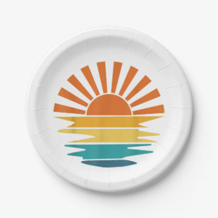 Retro Sunset Rays Wavy Vintag Retro Sunshine Sun Pappteller