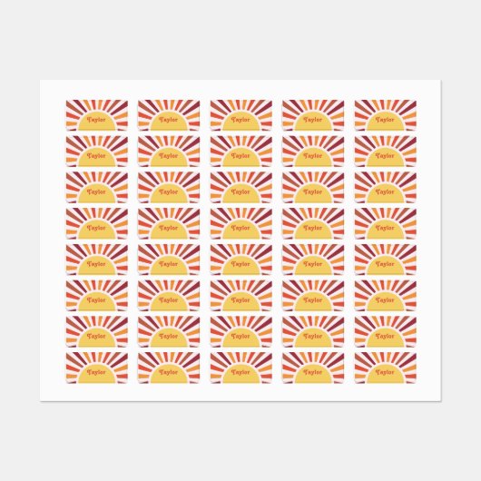 Retro Sunset Sun Rays Personalisierter Name Etiketten (Blatt)