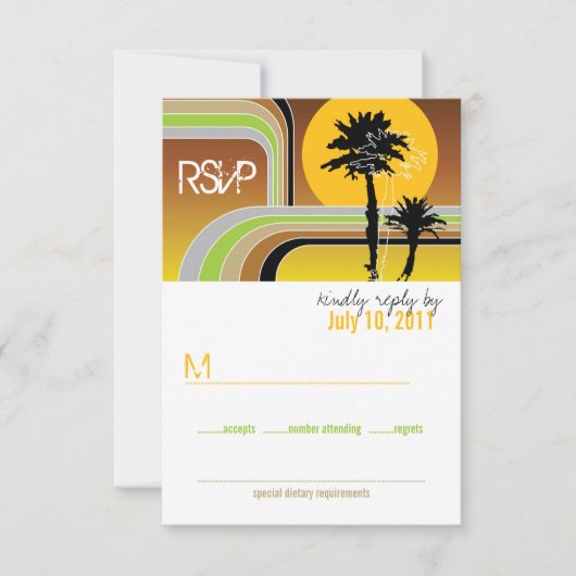 Retro Sunset Tropical Palm Trees Wedding RSVP Card Karte (Vorderseite)