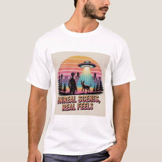 Retro Sunset UFO Abduction Dog Owner Sci-Fi Art T-Shirt (Vorderseite)