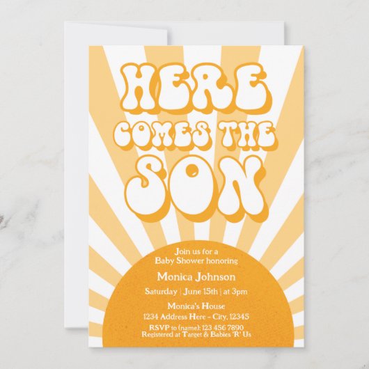 Retro Sunshine Baby Dusche kommt hier der Sohn Einladung (Vorderseite)