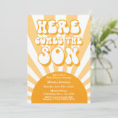 Retro Sunshine Baby Dusche kommt hier der Sohn Einladung (Stehend Vorderseite)