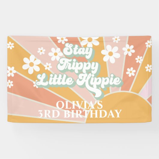 Retro Sunshine Bleibe Trippy Little Hippie Geburts Banner (Horizontal)