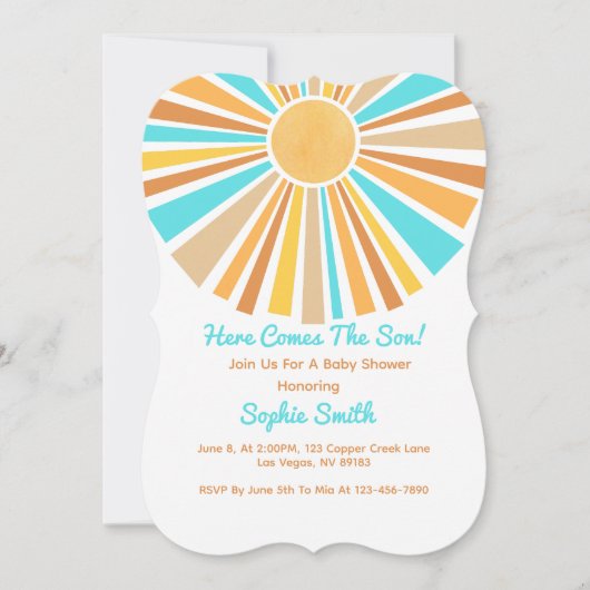 Retro Sunshine Boho Regenbogen, hier kommt der Soh Einladung (Vorderseite)