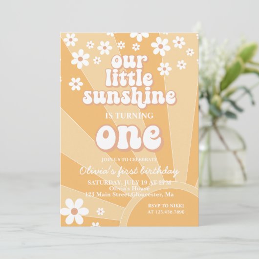 Retro Sunshine daisy boho blumengeschmack Erstgebu Einladung (Stehend Vorderseite)