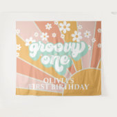 Retro Sunshine Groovy One Daisy Birthday Banner Wandteppich (Vorderseite (Horizontal))