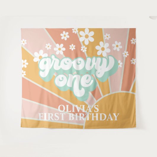 Retro Sunshine Groovy One Daisy Birthday Banner Wandteppich (Vorderseite (Horizontal))
