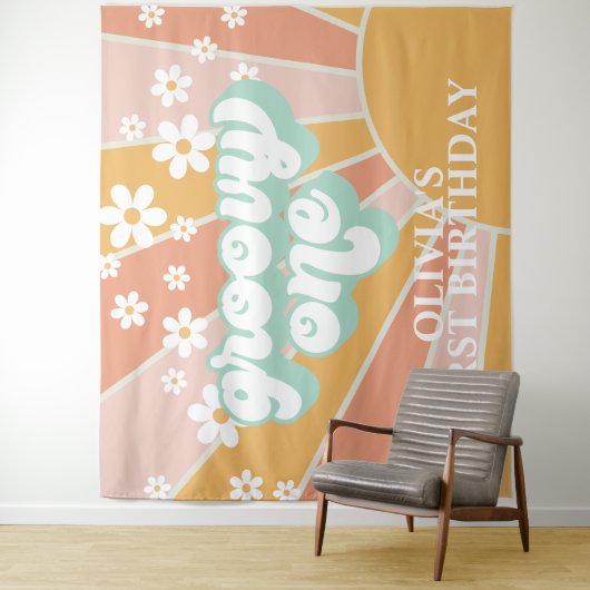 Retro Sunshine Groovy One Daisy Birthday Banner Wandteppich (Beispiel)