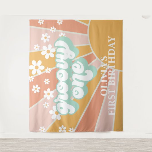 Retro Sunshine Groovy One Daisy Birthday Banner Wandteppich (Vorderseite)