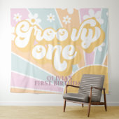 Retro Sunshine Groovy One Pastel Daisy Birthday Ba Wandteppich (Beispiel (Horizontal))
