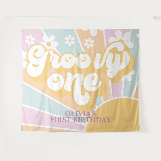 Retro Sunshine Groovy One Pastel Daisy Birthday Ba Wandteppich (Vorderseite (Horizontal))