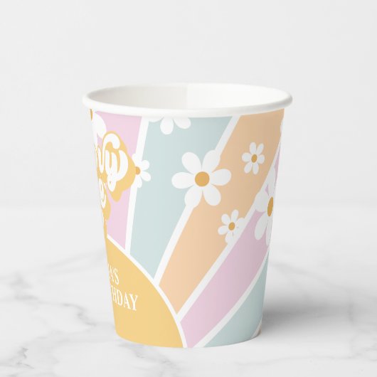 Retro Sunshine Groovy One pastellfarbene Daisy Bir Pappbecher (Links)