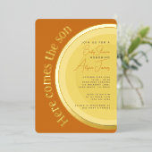 Retro Sunshine Hier kommt die Son Baby Dusche Folieneinladung (Stehend vorne)