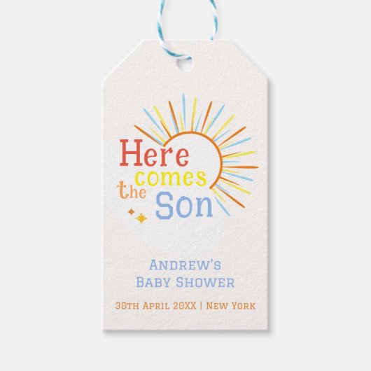 Retro Sunshine kommt hier mit der Son Baby Dusche Geschenkanhänger (Vorderseite)