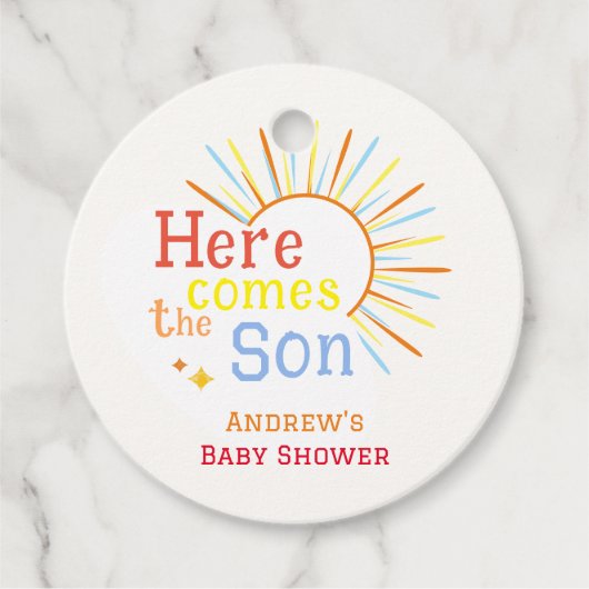 Retro Sunshine kommt hier mit der Son Baby Dusche Geschenkanhänger (Vorderseite)