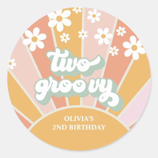 Retro Sunshine Two Groovy Daisy Birthday Runder Aufkleber (Vorderseite)
