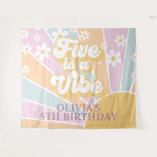 Retro Sunshine Two Groovy Pastel Daisy Birthday Ba Wandteppich (Vorderseite (Horizontal))