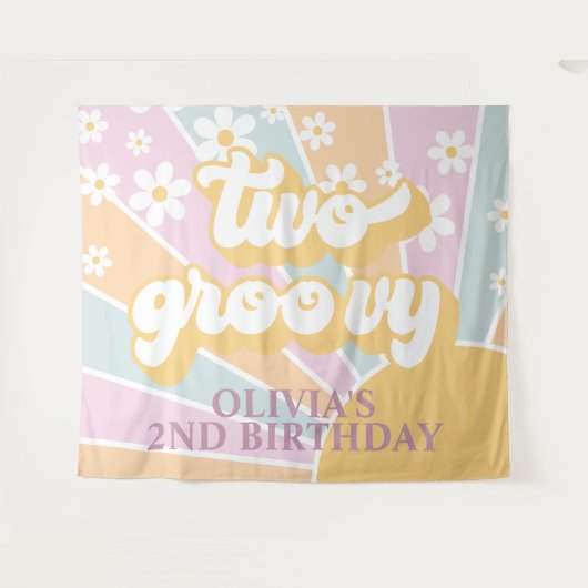Retro Sunshine Two Groovy Pastel Daisy Birthday Ba Wandteppich (Vorderseite (Horizontal))