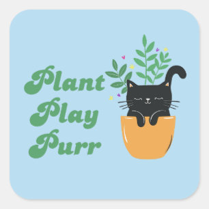 Retro Supercute Cat Pflanze Play Purer Quadratischer Aufkleber