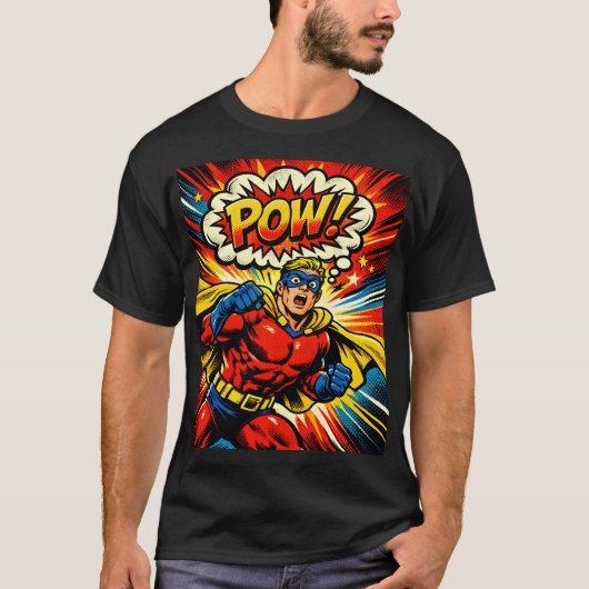 Retro-Superheld POW! Comic-Book-Pop-Art T-Shirt (Vorderseite)