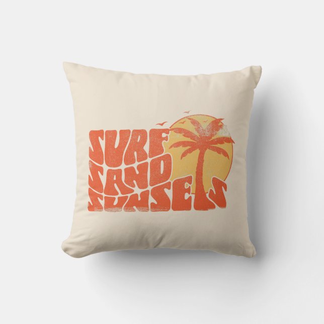 Retro Surf Sand Sunsets Palm Tree Beach Vibes Kissen (Vorderseite)