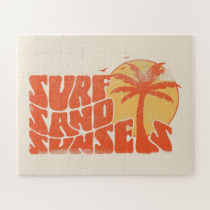 Retro Surf Sand Sunsets Palm Tree Beach Vibes Puzzle