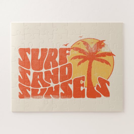 Retro Surf Sand Sunsets Palm Tree Beach Vibes Puzzle (Horizontal)